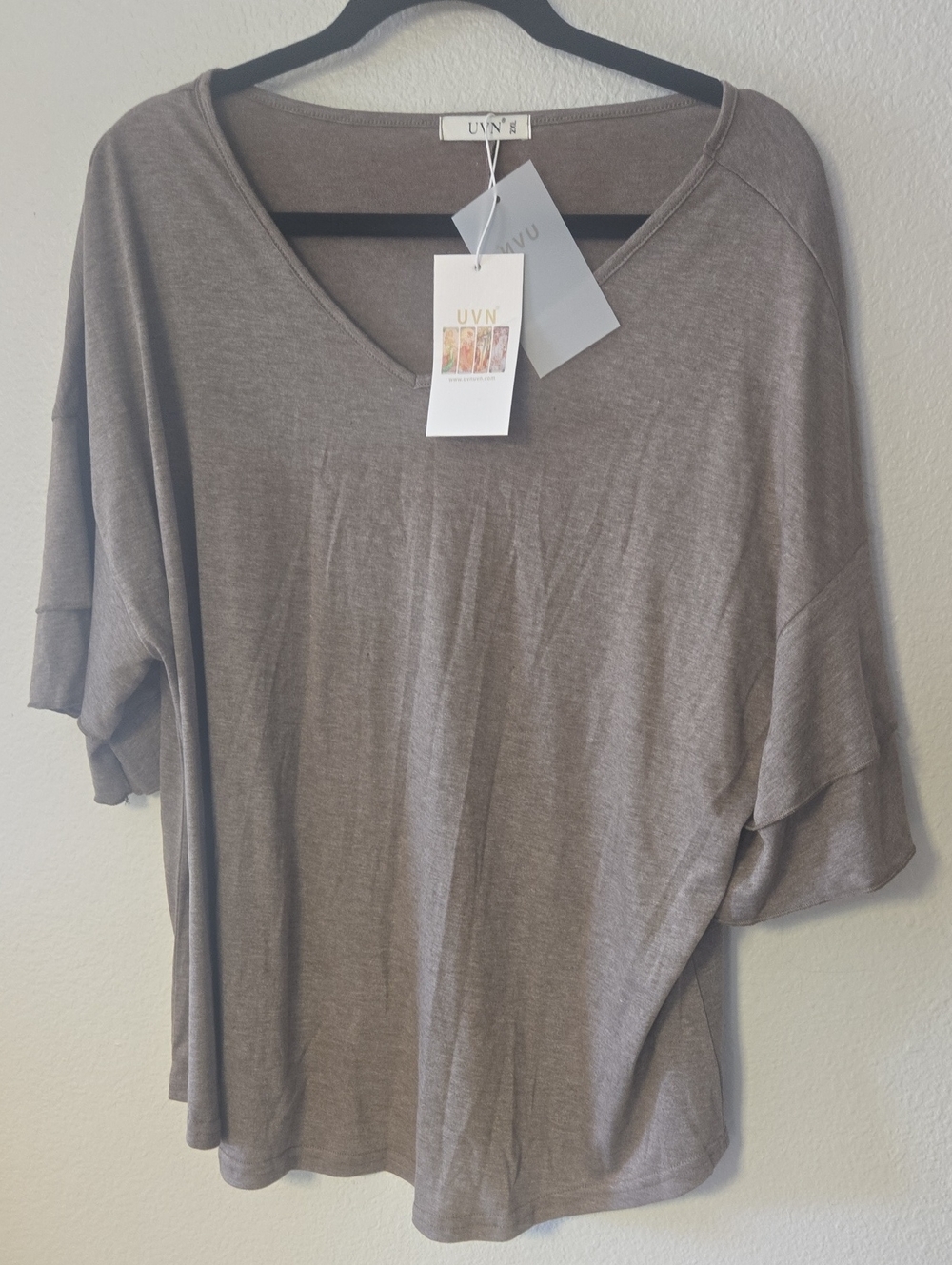 UVN Relaxed V-Neck Short Sleeve Top in Taupe